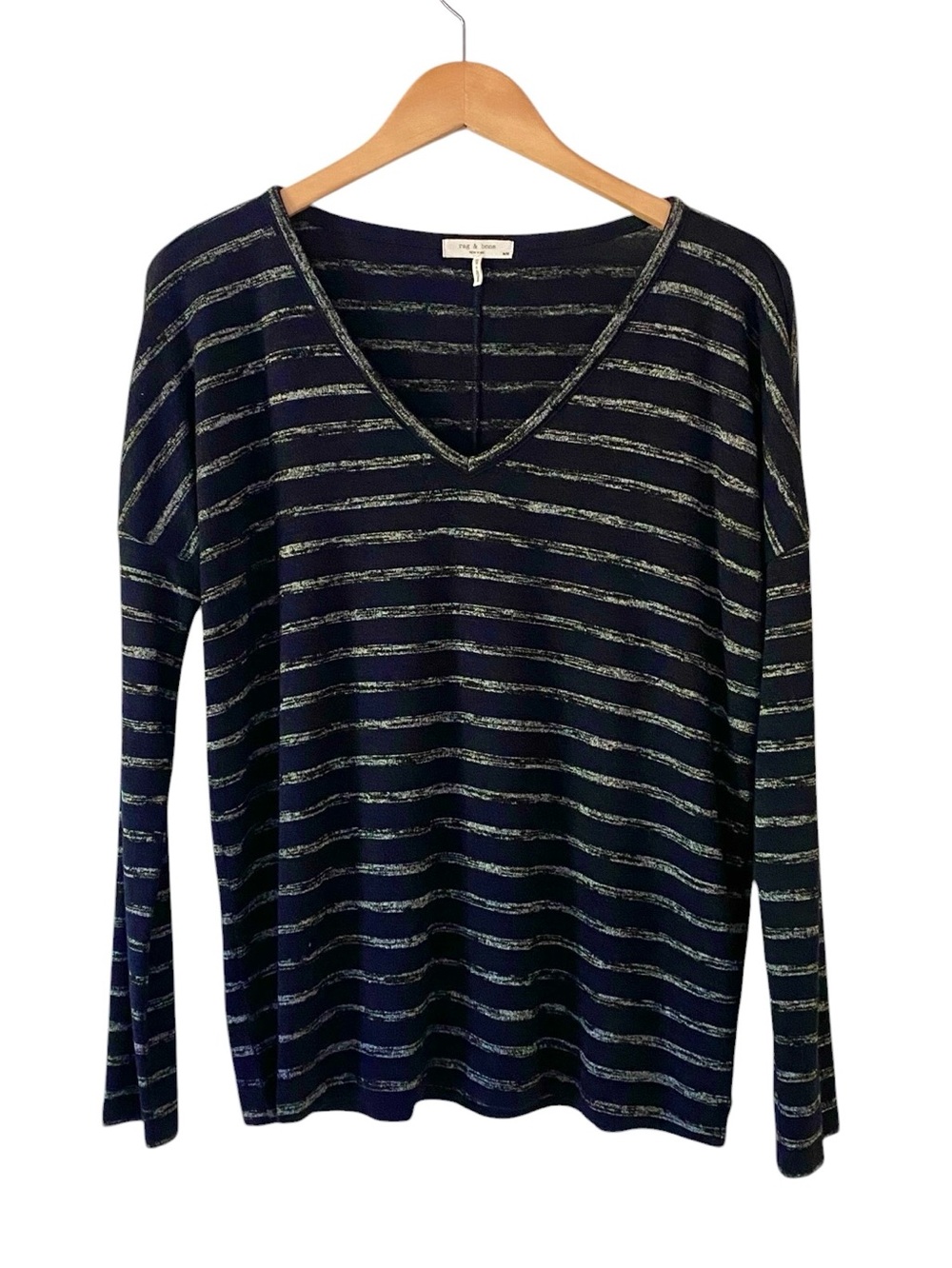 Rag & Bone Hudson Navy Blue and Silver Gray Stripe Jersey Knit V-neck Top M